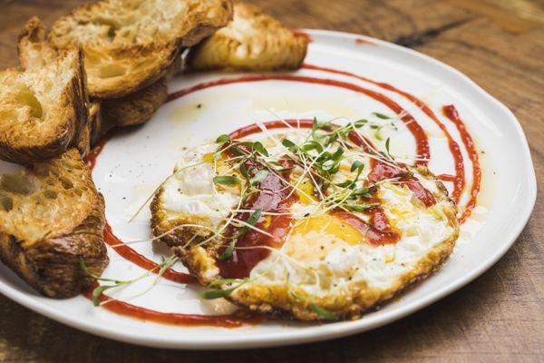 Spicy Crispy Eggs - fried eggs, sambal, croissant points