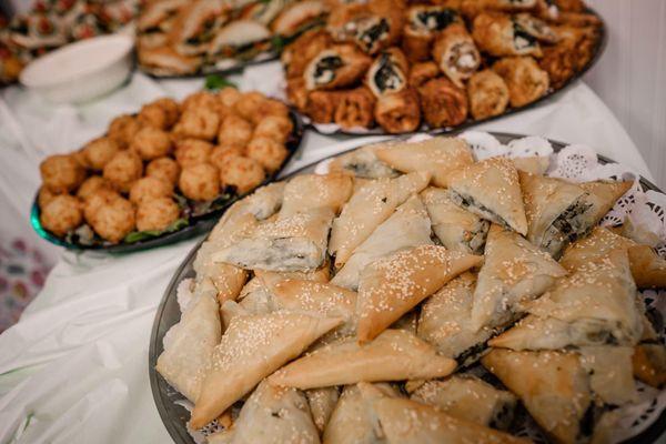 Spanakopita, fried rice balls, etc.