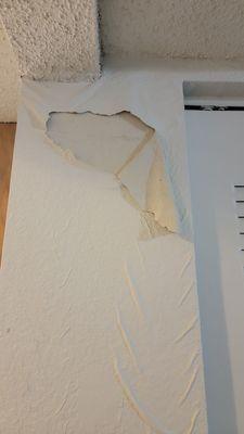 The paint peeling off the walls from water damage