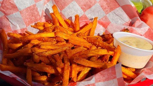 Sweet potato fries with a brown mustard sauce