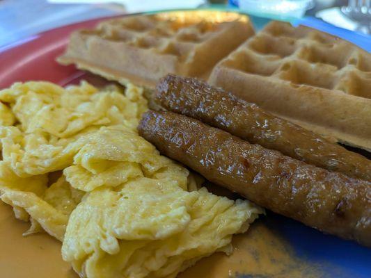 Senior Sized Waffle, Sausage, and Egg.