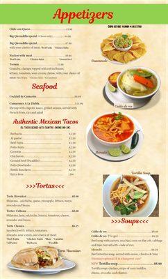 Menu - Appetizers, Seafood, Authentic Mexican Tacos, Tortas, and Soups (Prices retrieved on  3/15/2022)