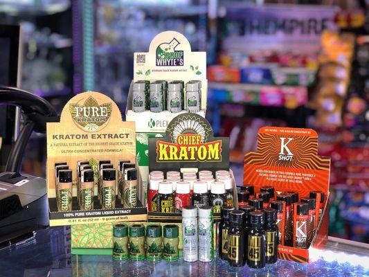 Kratom extract shots by OPMS, K Shot,  Chief Kratom, Prof Whyte's, Pure Kratom & MIT 45.