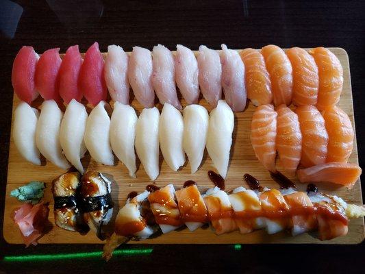 Tuna, yellowtail, salmon, white tuna (escolar), eel and signature roll (forgot the name).