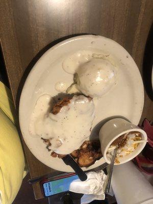 Chicken Fried Steak, chili, burnt toast. There was a side salad but it was just lettuce with lots of the white yucky lettuce parts.