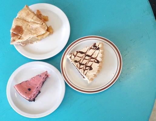 Top: Apple Pie Bottom left: raspberry chocolate chip cheesecake Bottom right: combination. Peanut butter and brownie