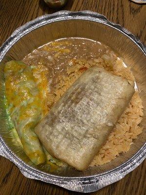 Chimichanga combo. Flavorless rice. Nothing inside but meat. No cheese or anything at all. Watery beans.