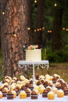 Wedding cake and cupcakes