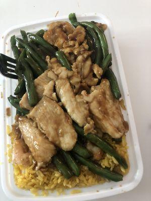 Chicken with string beans and shrimp fried rice. I requested no onions on rice.