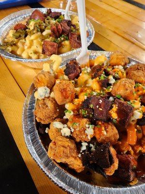 Buffalo chicken Mac & Cheese with burnt pork belly and green chili Mac with burnt pork belly.