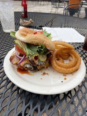 The Keg Burger w/onion rings. Half of the rings were eaten. So Delish!