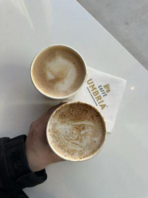 Honey oat milk latte and caffè al pepe