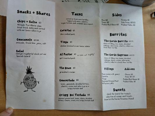 Menu at Taco Gordo, Burlington