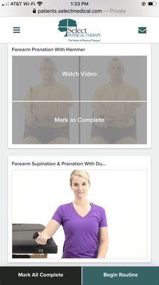 Videos and their online portal to watch exercises and communicate with the physical therapist