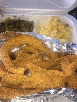 Catfish, greens, Mac N cheese