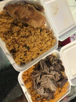 Baked Chicken with Rice & Pigeon Peas, to the right is Pernil with Rice & Chicken Sausage