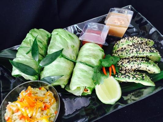 Chicken lettuce wraps, Toasted Sesame Seed Dusted Avocado with Tropical Slaw