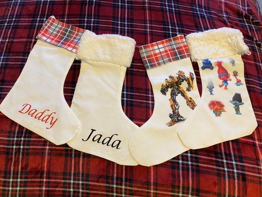 Christmas stocking are available. Custom orders an blanks. They take to sublimation and HTV.