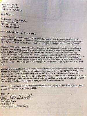 Letter for reason for cancellation since Car Guard wasn't the right policy since I used Honda dealership with Factory Parts.