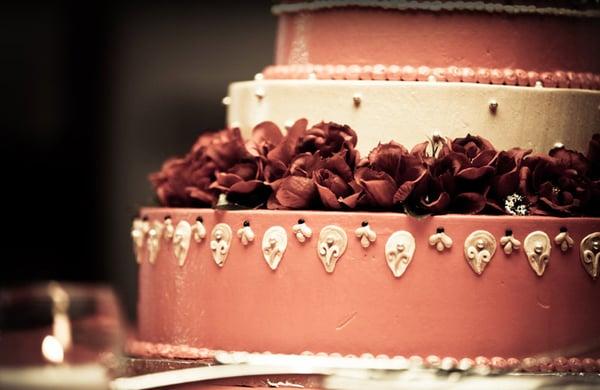 Close-up of multi-layer wedding cake at a ceremony in Baltimore, Maryland.