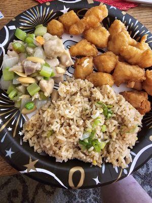 Sweet and Sour chicken, pork fried rice, and  almond chicken.