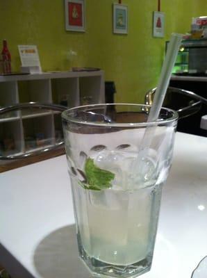 Elderflower lemonade in frosty cold glass, garnished with mint leaf.