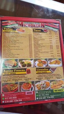 Menu (1 page front and back)