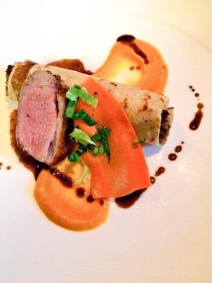 Second course by Vivace - Seared duck breast, duck breast crepe, Lavender-Carrot purée, coffee syrup