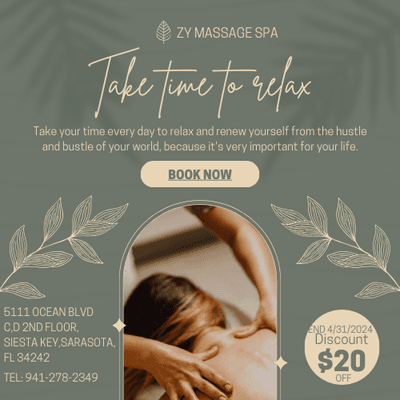 Grand Opening Special
From today to 4/30/2024
$20 OFF for over 60mins massage. book now:https://tinyurl.com/4xa8jct4