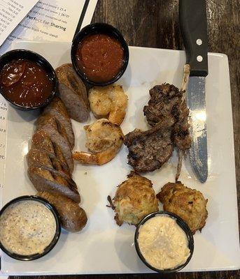 The sampler - wurst, shrimp, lamb, and crab balls