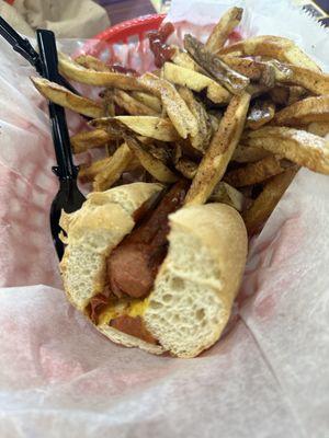 Roasted Hot Dog with fries