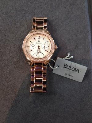 Only $260 ( including taxes) reg price $434.91 Ladies Rose Gold Bulova with crystals comes with warranty and original box!