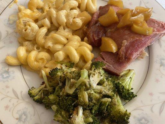 Honey ham with apple compote. Sides- macaroni cheese and roasted broccoli