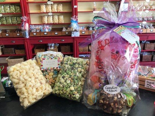 Flavored popcorn and puffs and a basket of treats!