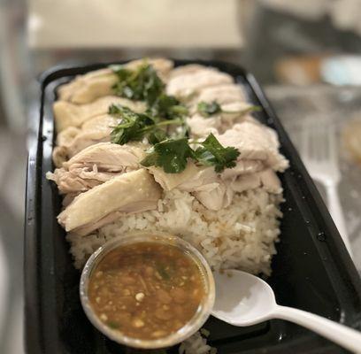 Khao mun gai: Poached chicken served over fragrant jasmine rice, garnished with cucumber & cilantro, a side bean sauce & chicken broth