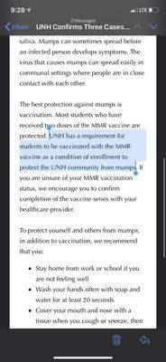 Part 2: "UNH has a requirement for students to be vaccinated with the MMR vaccine as a condition of enrollment..."