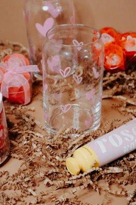 Cute Valentine's themed goodies including glass cans, lotions, soaps and more!