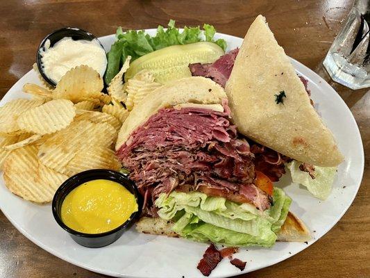 Joycey's corned beef and pastrami sandwich on ciabatta