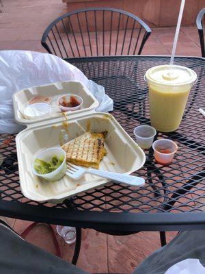 Chicken quesadilla, orange mango smoothie