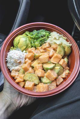 Monster Bowl (Crab Meat, Avocado, Seaweed Salad, Ginger, Cucumbers, Salmon x5, Medium Spicy).