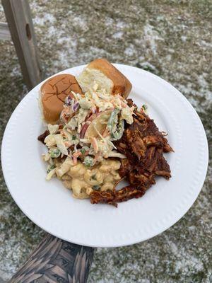 PULLED BBQ CHICKEN, JALAPEÑO CHEDDAR MAC N CHEESE, HONEY MUSTARD COLESLAW