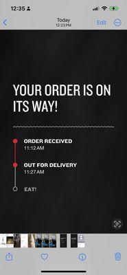 At 12:35, after the phone call, this order was still marked as out for delivery.