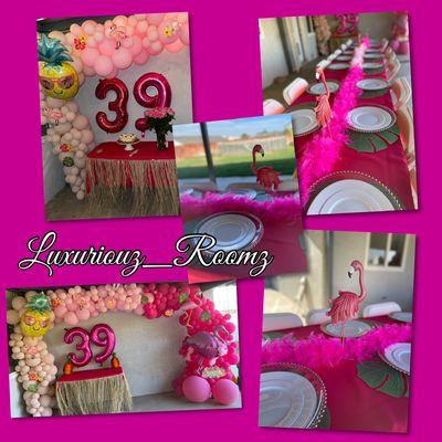 Flamingo Birthday! Centerpieces, balloon garland, tablescaping, linens etc.