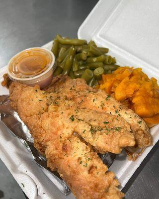 FRIED WHITING, YAMS & STRING BEANS