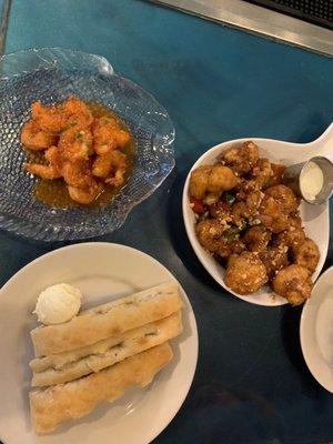 Bread. Orange Shrimp. Kung Pao cauliflower. HH menu. Superb