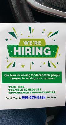 We are hiring! Part & Full Time! 956-370-9184