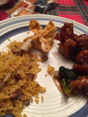 General Tso's, pork fried rice, and Crab Rangoon