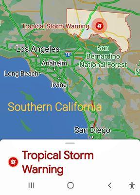 Unusual tropical storm warning for southern California tomorrow Sunday. Be safe - 8/19/2023