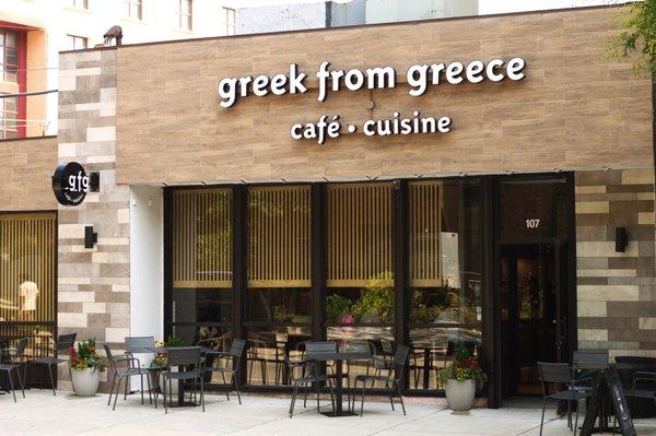 The front of the Greek from Greece cafe and sidewalk seating.