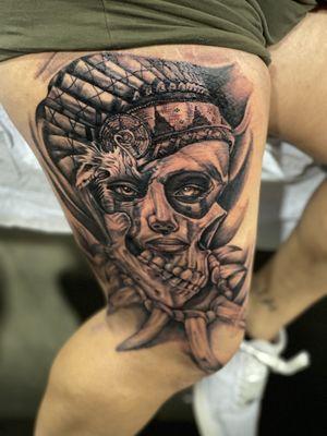 Black and grey Indian/ skull tattoo on the thigh done by Drew @9414ink